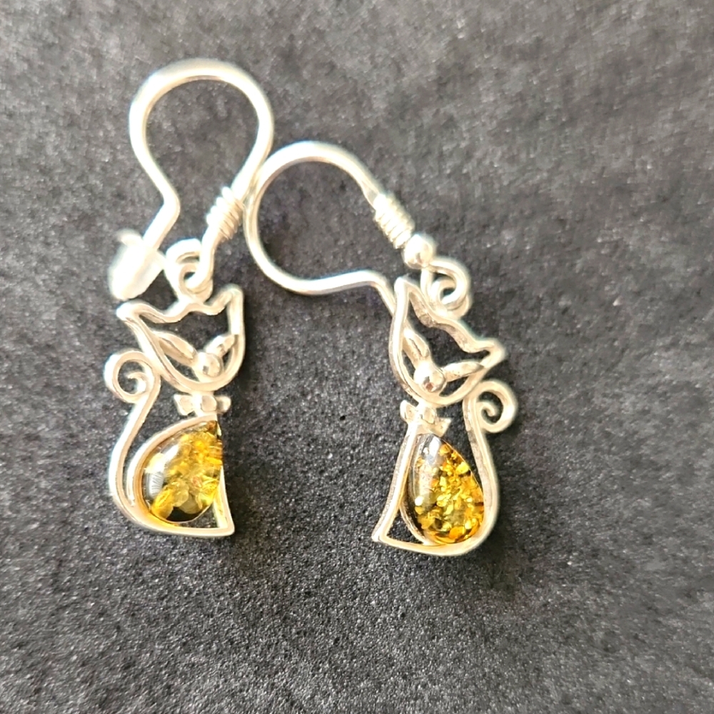Baltic Amber & Sterling Cat Earrings